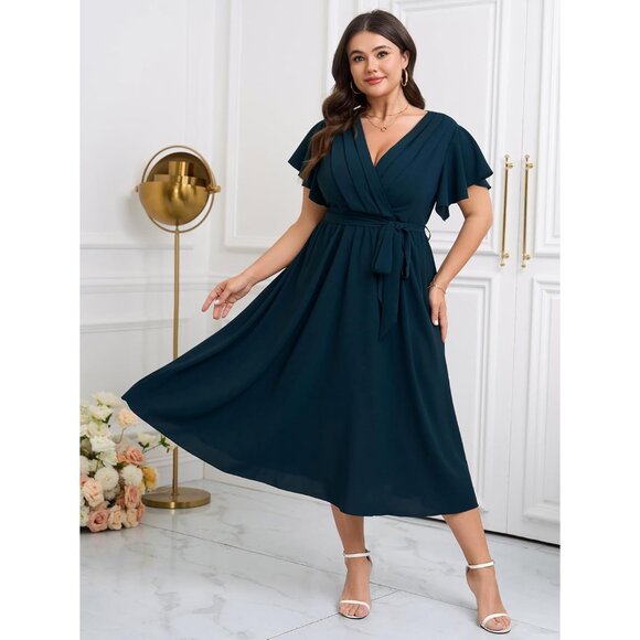 Plus Size Women’s Wedding Guest Dress Polyester V Neck Pleated A Line - Picture 3 of 7